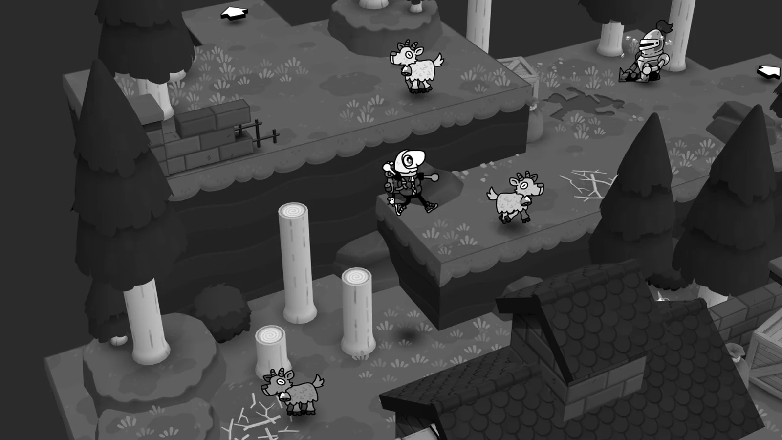 Monochrome TOEM 2 village scene with streets, roofs, and characters